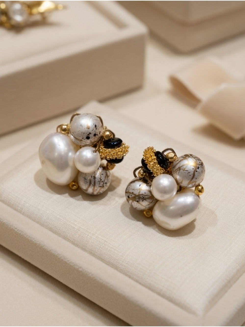 Vintage Beaded Cluster Clip On Earrings Faux Pearl Marble Mid Century Statement